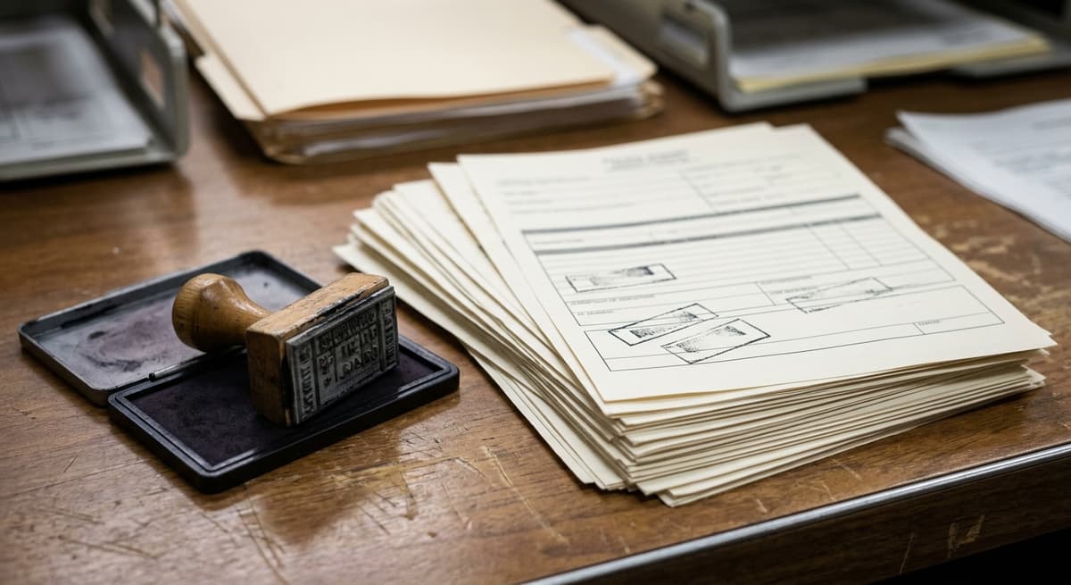 a date stamp and ink pad beside a stack of stamped forms on a clerk desk, tight crop
