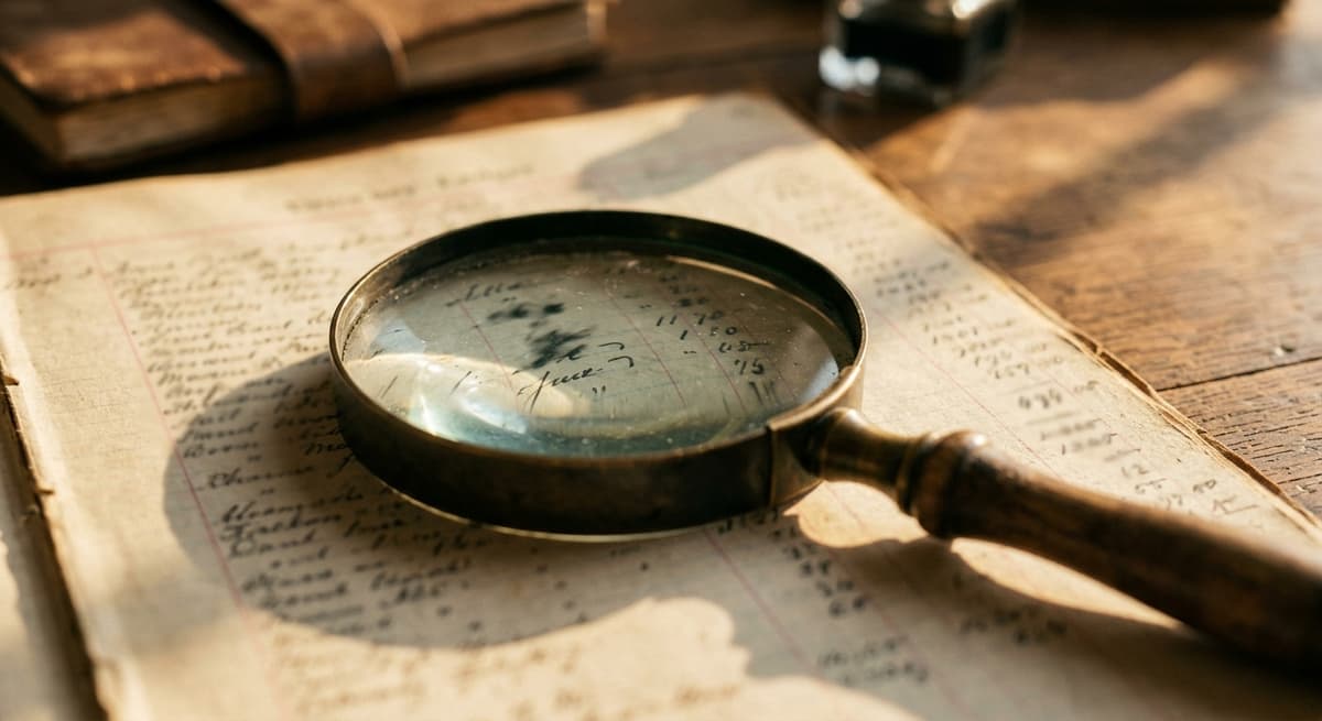 a magnifying glass over an old handwritten ledger page with names blurred beyond reading