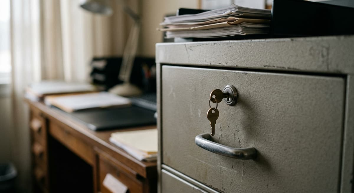 a locked filing cabinet drawer with a small key in the lock, office setting, shallow focus
