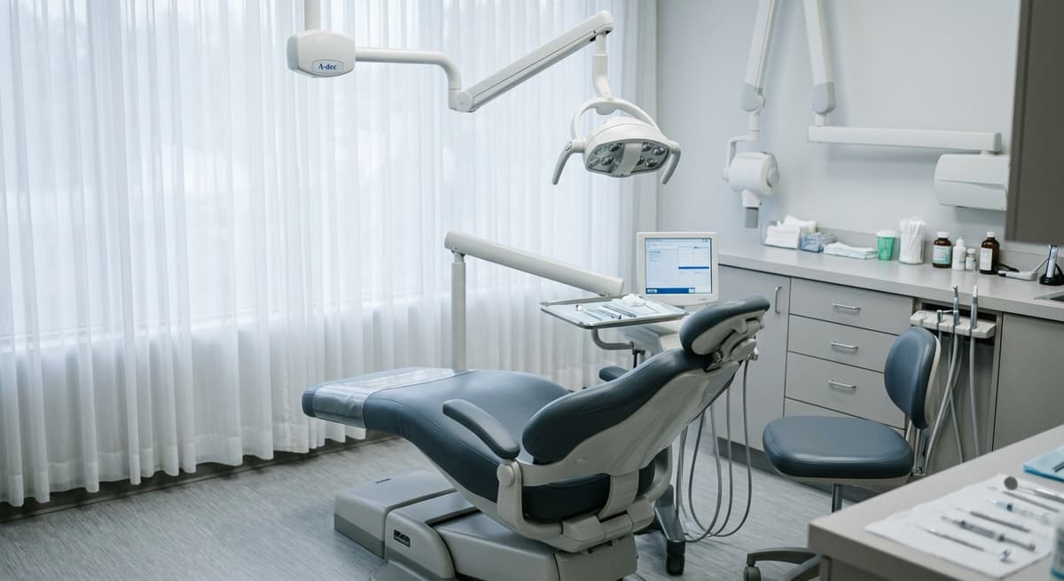 Colorado dental office chair and overhead light, no people, clean clinical setting