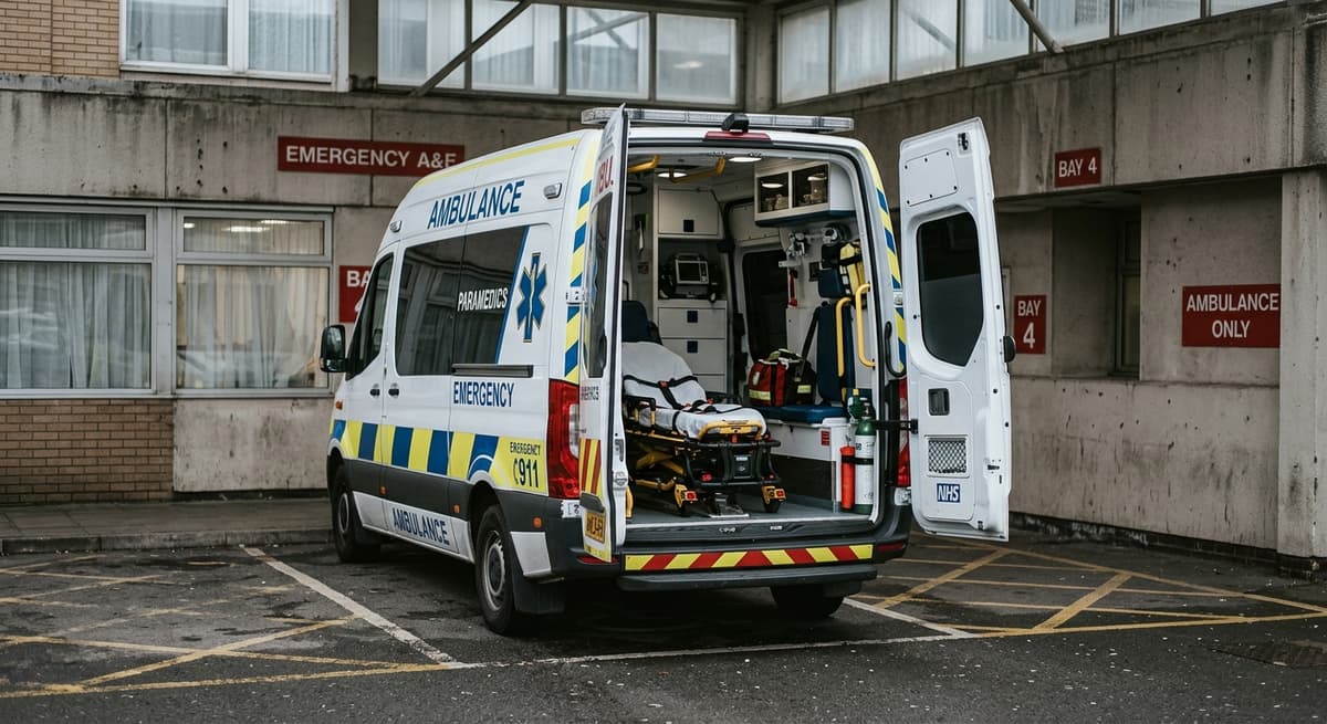 Ohio ambulance exterior with open back doors, parked in a hospital bay