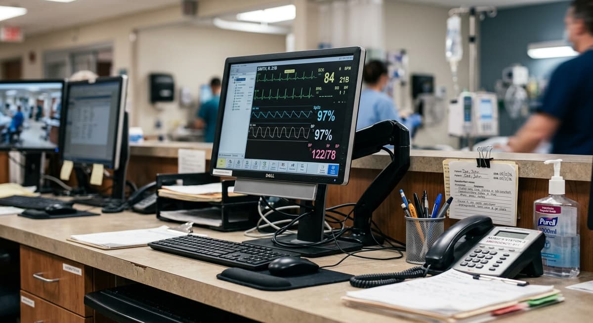 Mississippi nursing station counter in a hospital ward with monitors visible