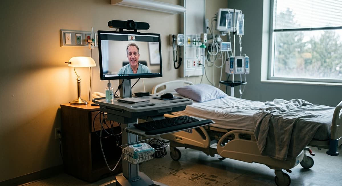 Delaware telemedicine cart with a screen and camera in a hospital room