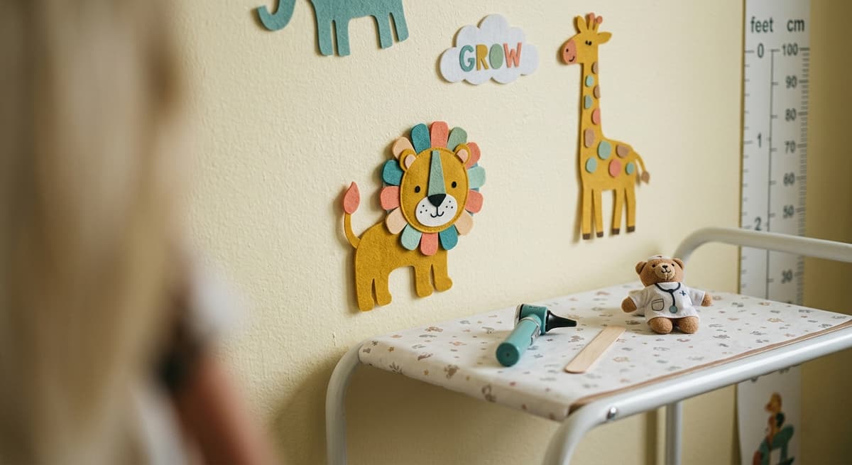 Delaware pediatrician office with colorful wall decorations and small examination table