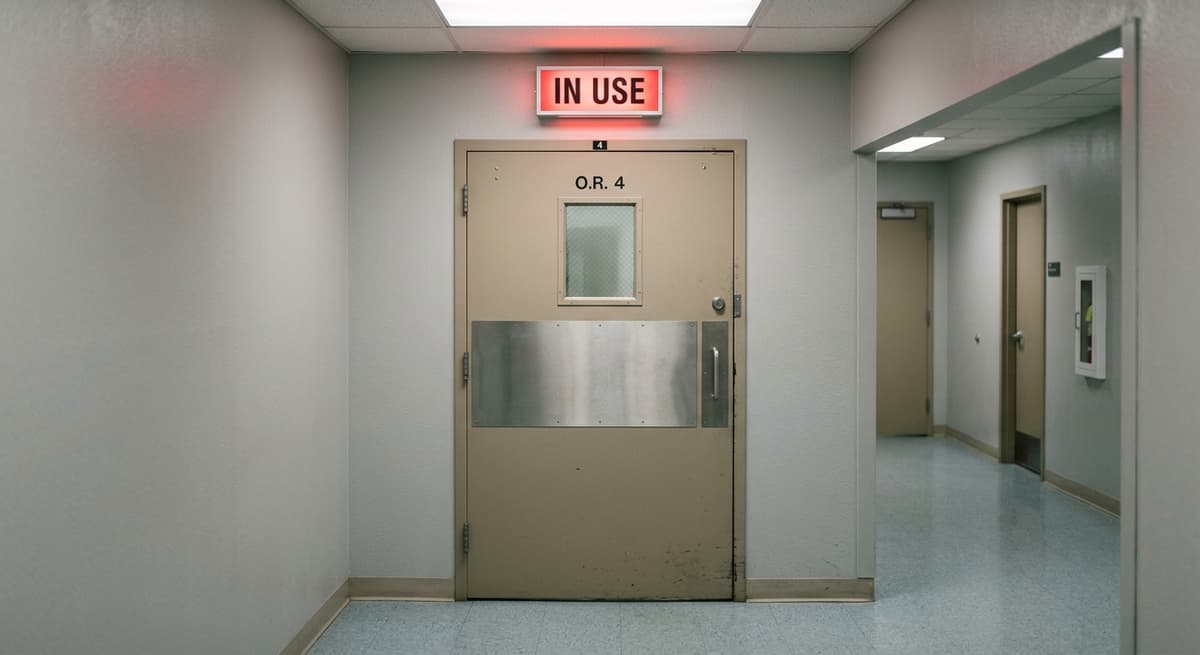 Virginia operating room door with a red in-use indicator light above it