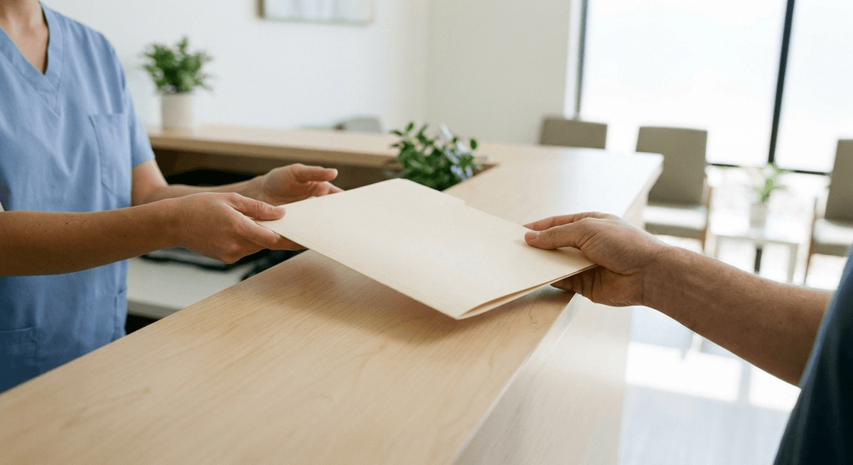 A patient hands a closed plain folder across a clinic reception counter to a receptionist in blue scrubs