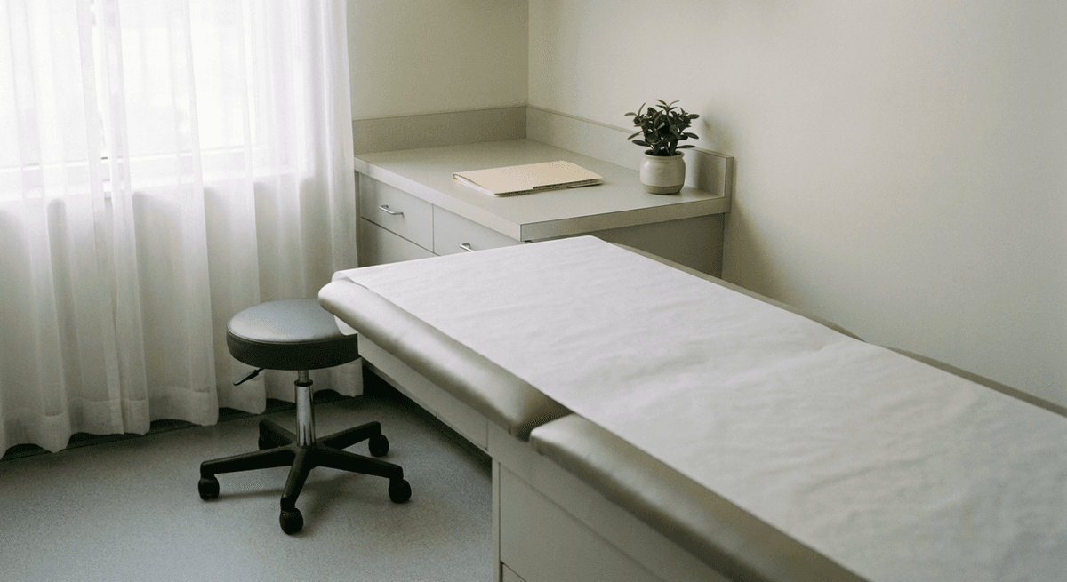 Quiet clinic exam room with an empty paper-covered exam table, a stool and a closed folder on the counter