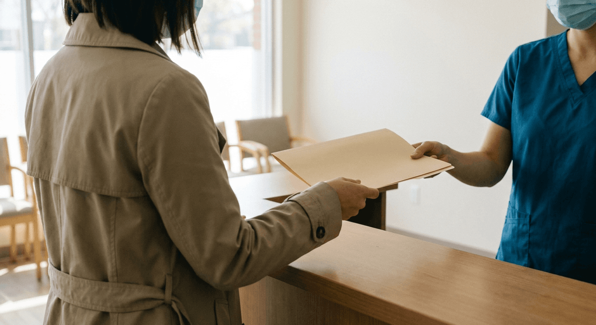 Una persona con gabardina entrega una carpeta manila cerrada a un empleado en el mostrador de recepción de una clínica