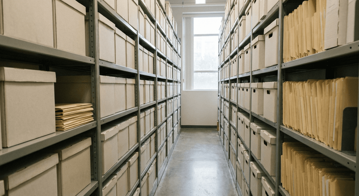 Pasillo de archivo con estantes grises llenos de cajas de archivo lisas y carpetas manila