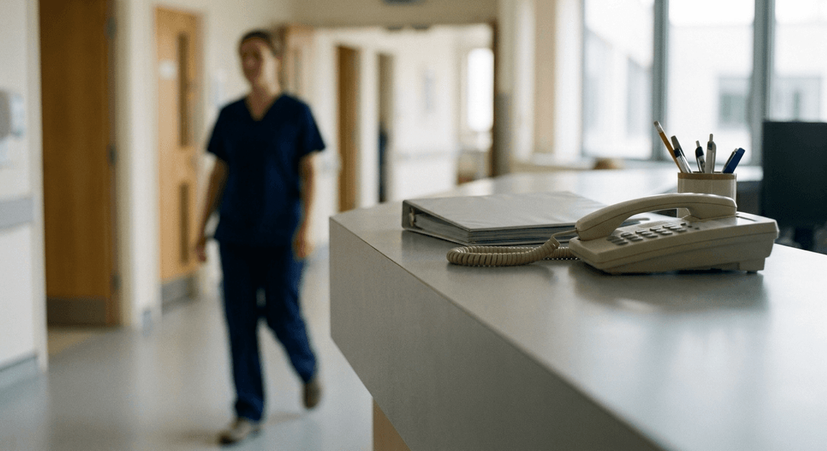 comptoir du poste de soins infirmiers dans une unité hospitalière avec moniteurs visibles
