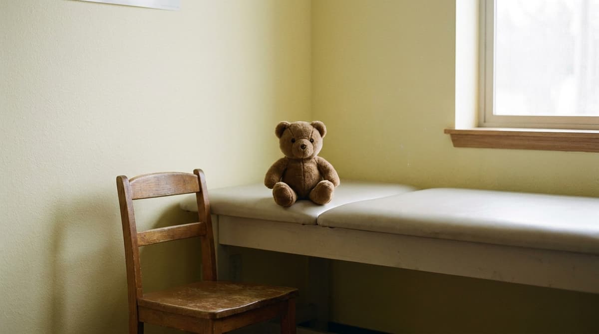 A small wooden child's chair and a teddy bear on an exam bench in an empty pediatric room with yellow walls