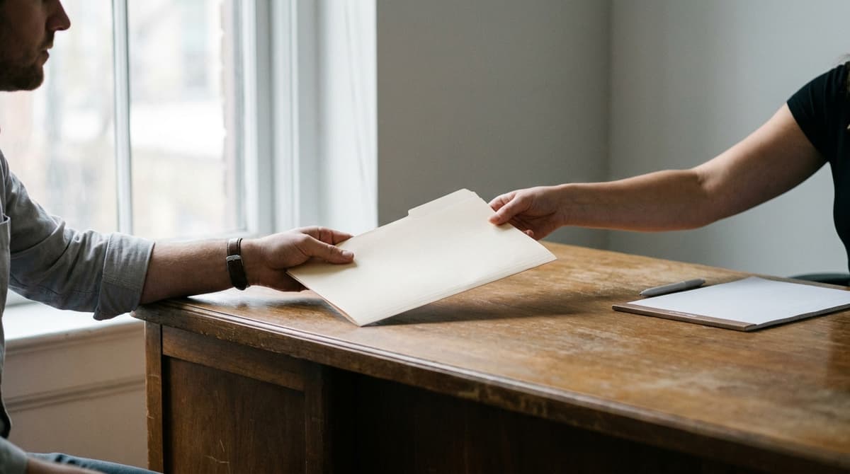 One person hands a closed plain folder across a wooden desk to another person, a blank notepad and pen nearby