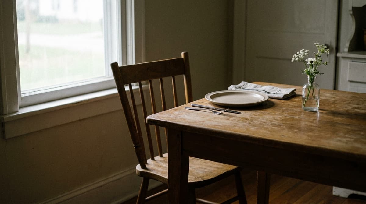 Una silla de madera vacía en una mesa de comedor familiar con un solo plato y un pequeño florero con flores blancas
