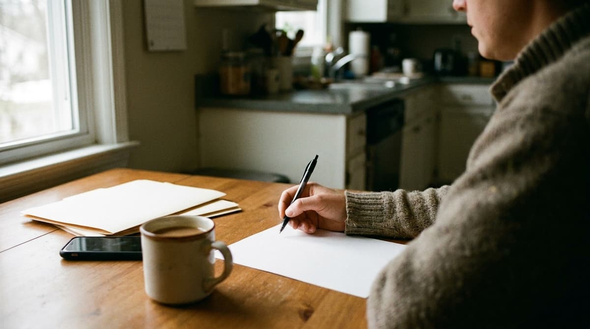 A person seen from the side at a kitchen table writing with a pen on a blank sheet, folders and a mug nearby