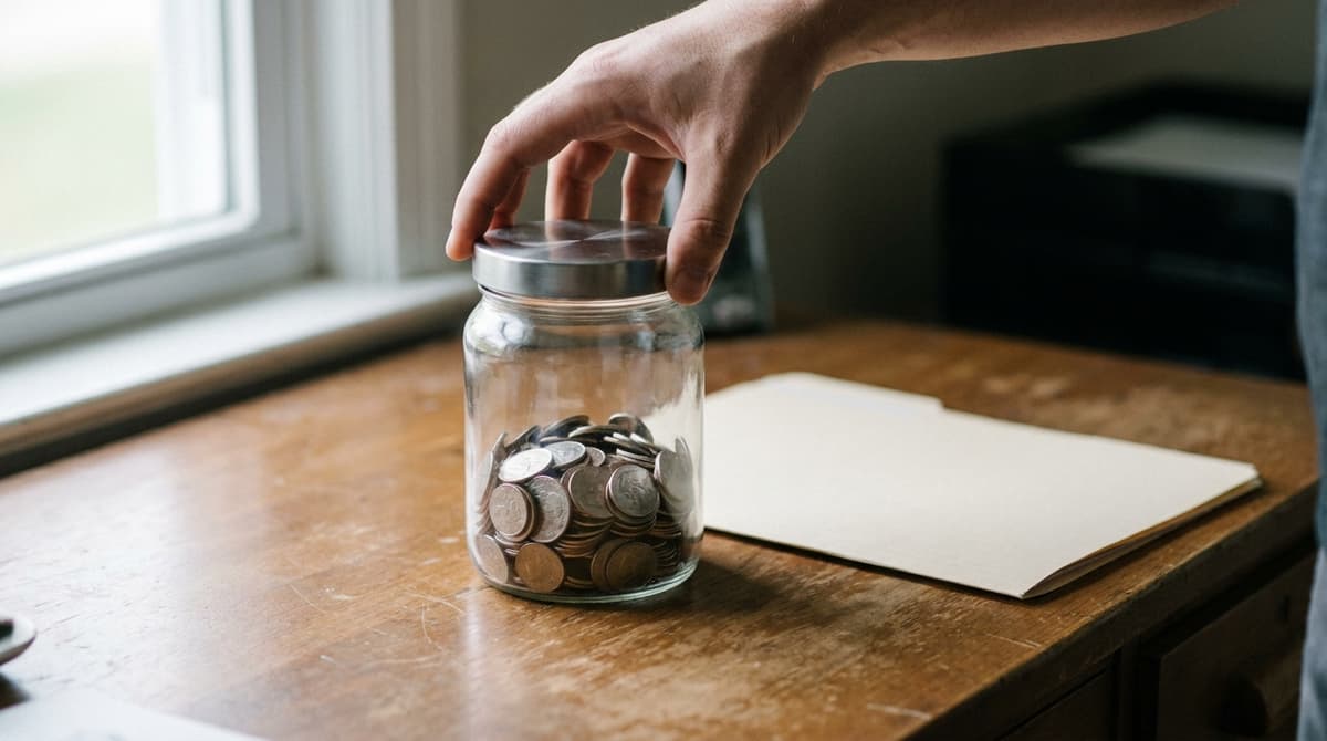 A hand presses a plain steel lid onto a glass jar of coins on a wooden desk beside a closed manila folder
