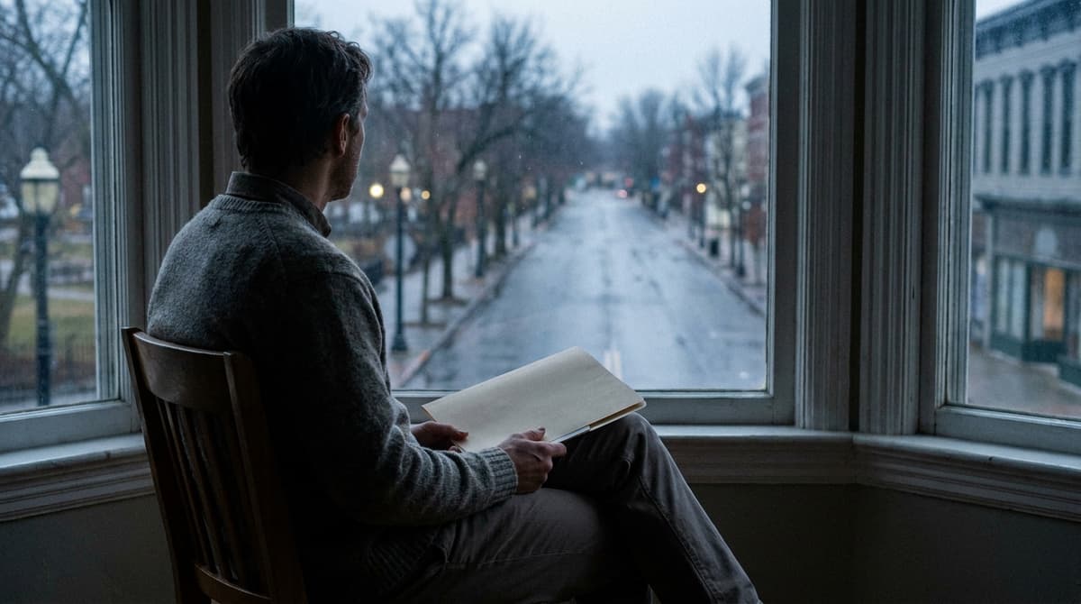 A man seen from behind sits at a bay window holding a closed folder in his lap, looking out at a quiet street