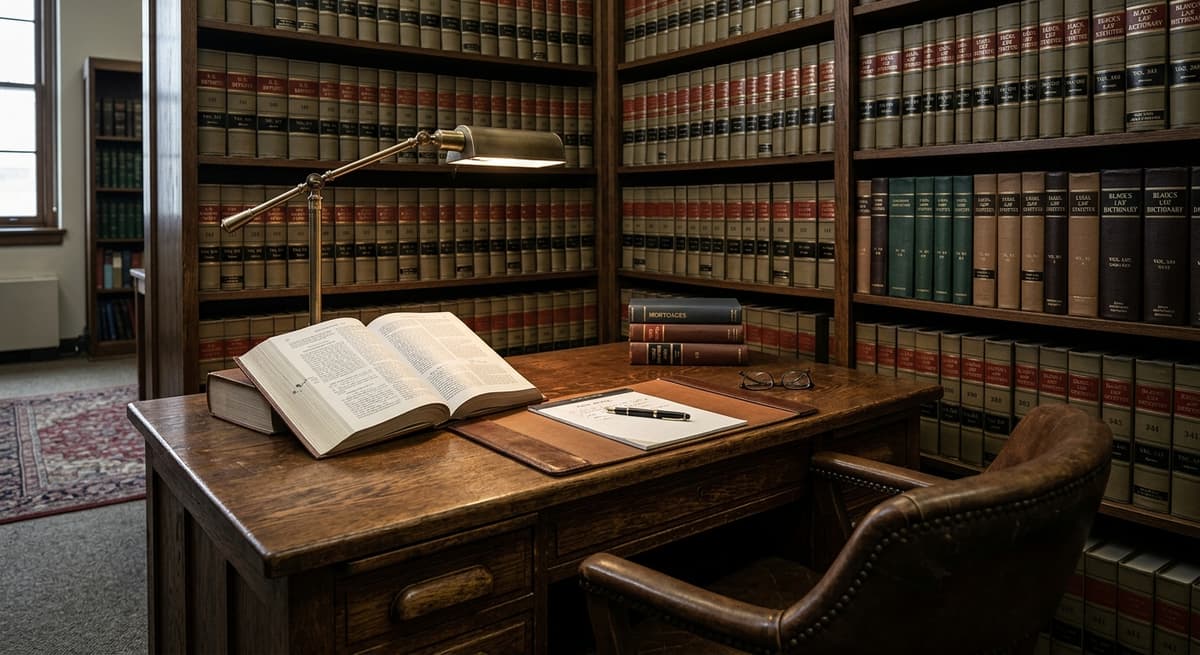 library reading room with rows of law books and a wooden desk