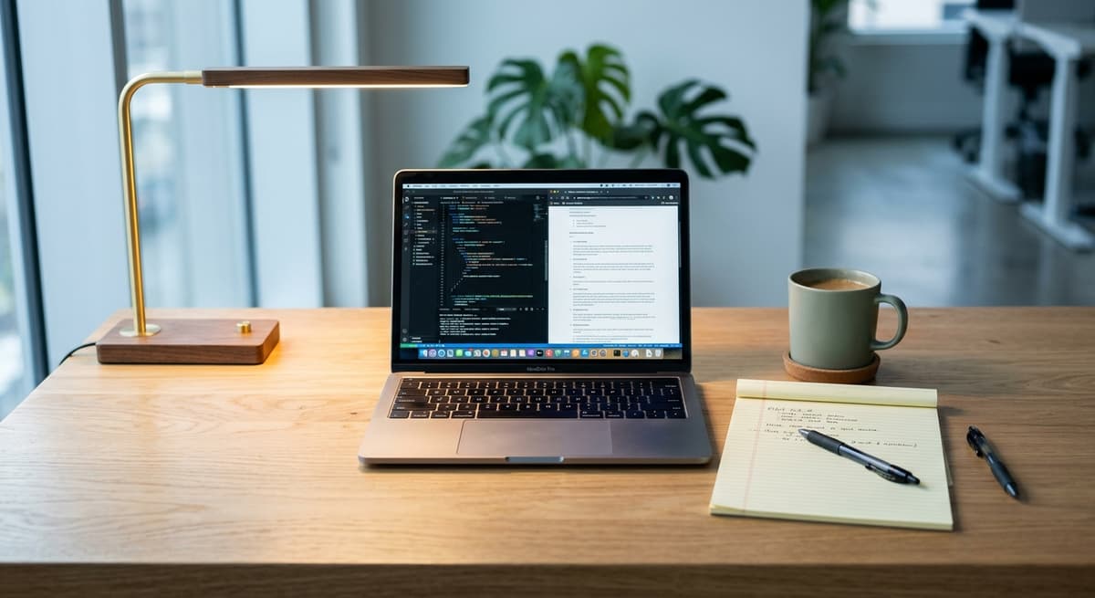 clean desk with a laptop, legal pad, and coffee mug in a modern office
