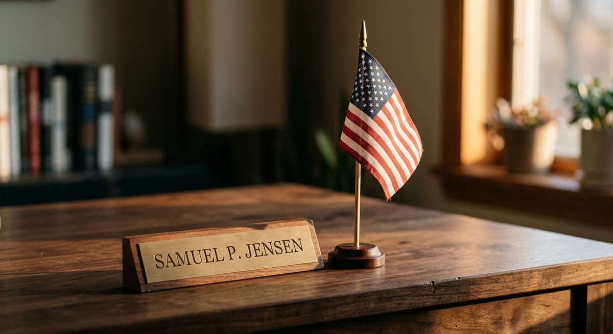 small American flag standing on a desk beside a nameplate