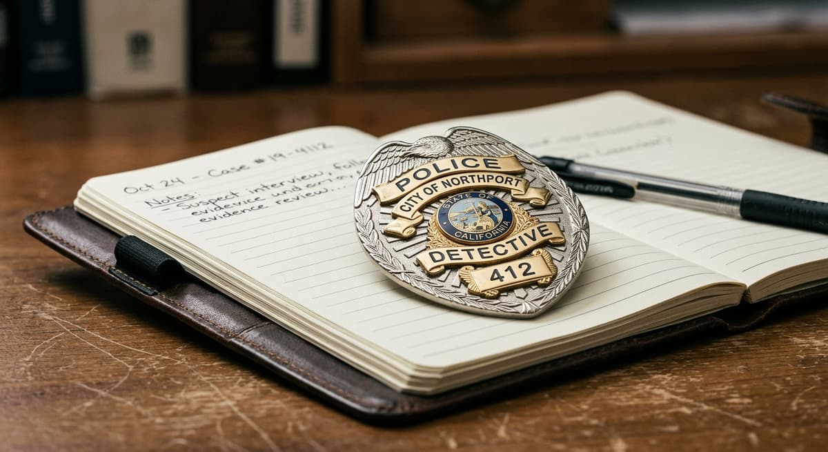 police badge resting on a notebook
