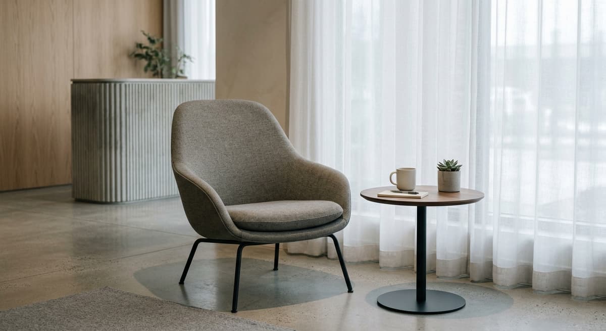 modern office reception area with a single chair and small table