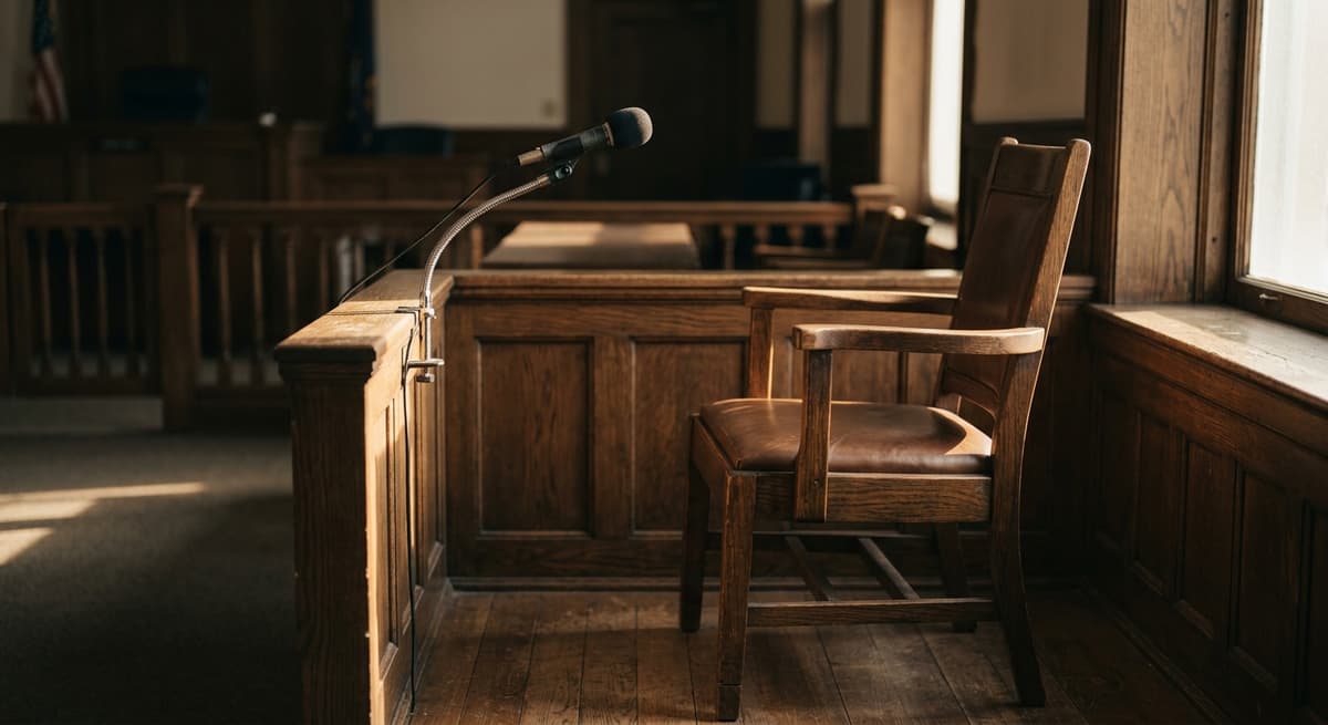 witness chair in a courtroom with a microphone