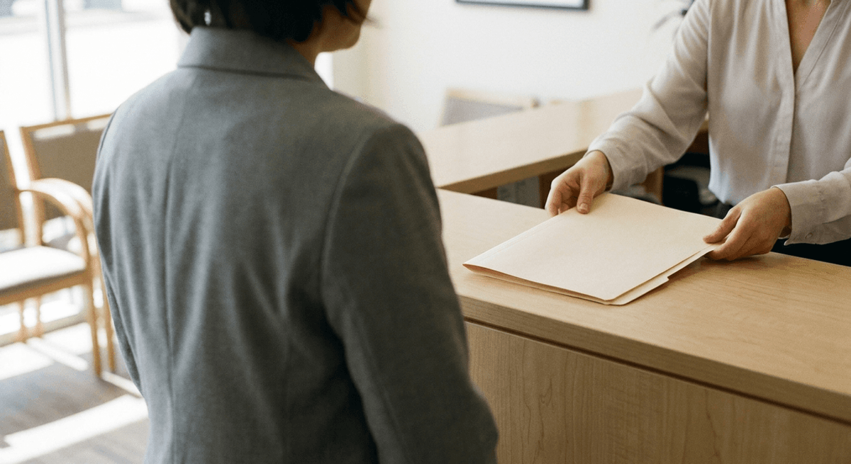 Receptionist sliding a plain closed manila folder across a clinic counter to a patient seen from behind