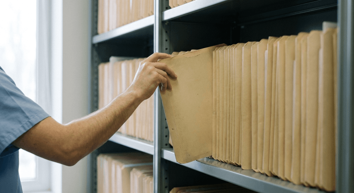 Hand in scrubs pulling a plain manila folder from a shelf of identical folders in a records room
