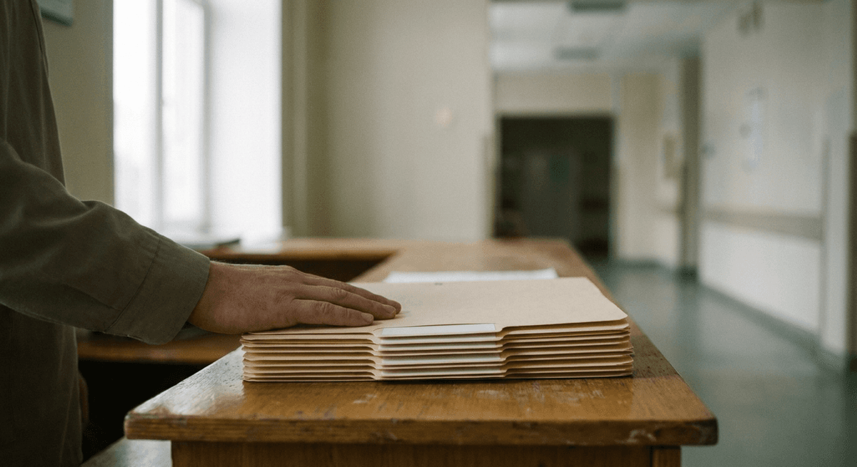 Hand resting on a stack of blank manila folders on a hospital records desk