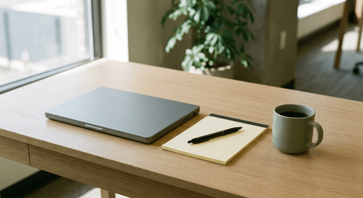A tidy wooden desk with a closed grey laptop, a blank yellow notepad with a pen and a coffee mug