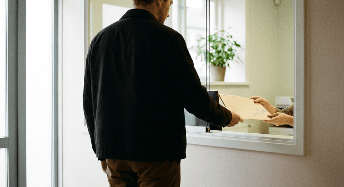 Person from behind passing a plain manila folder through a clinic reception window