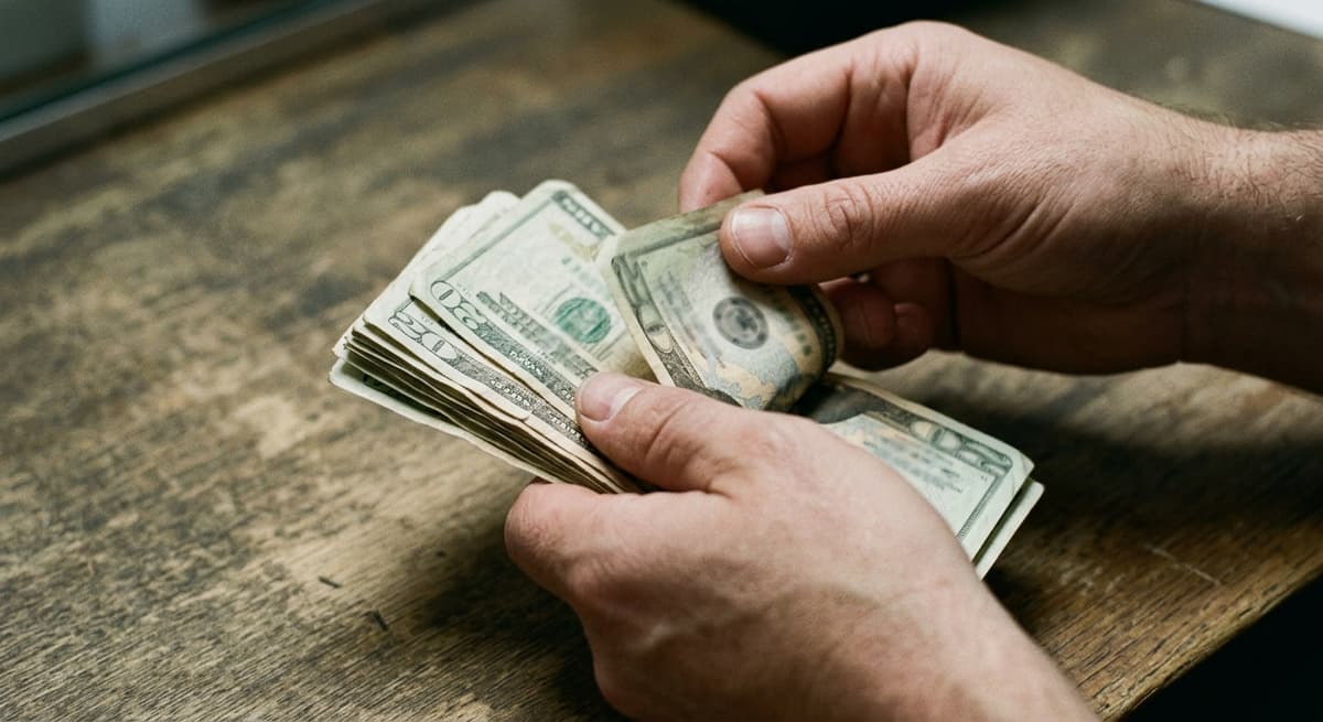 Manos estadounidenses contando billetes de papel sobre un mostrador