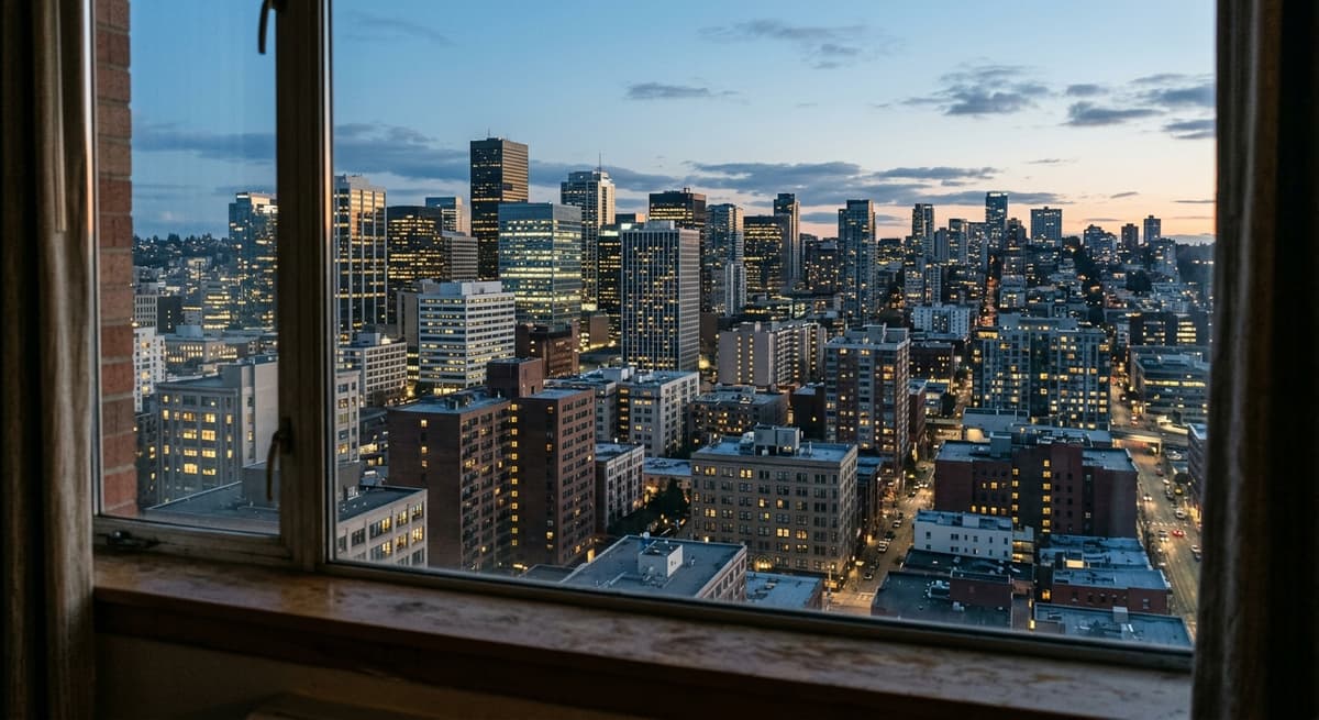 horizonte de una ciudad al anochecer visto desde una ventana