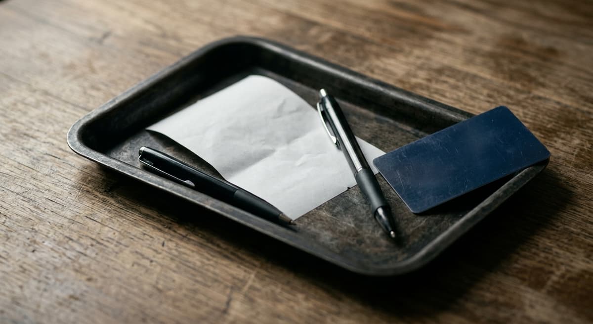 bandeja de recibo de restaurante con un bolígrafo y una tarjeta