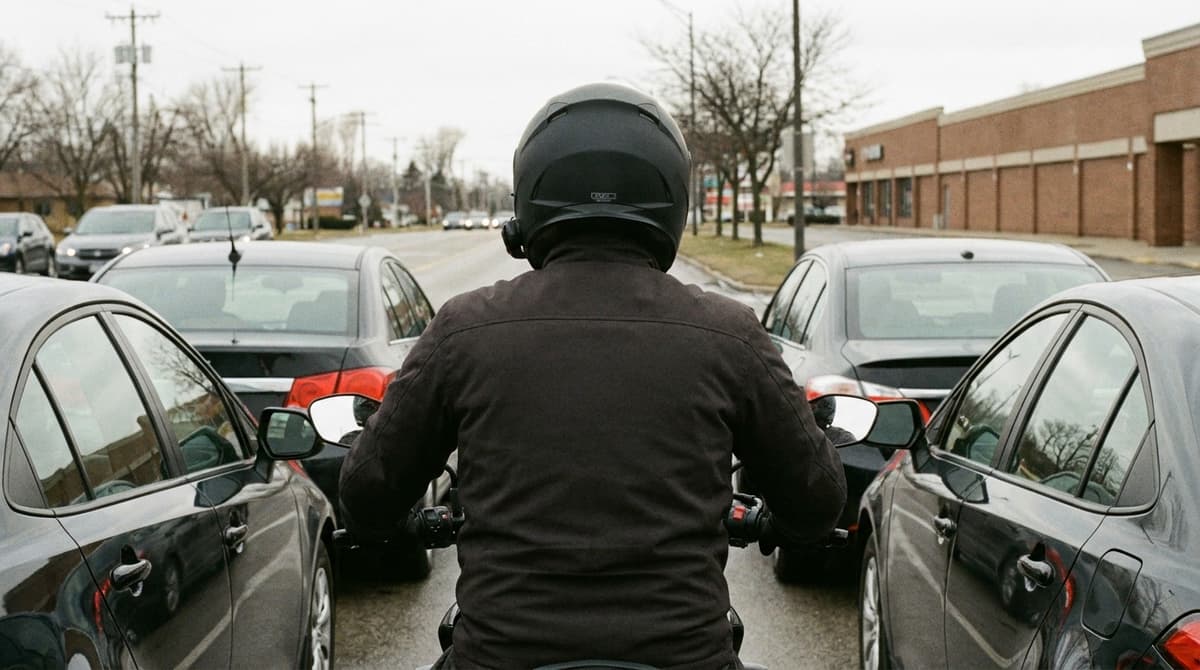 Motorcycle rider seen from behind riding between two rows of stopped cars on a four-lane road