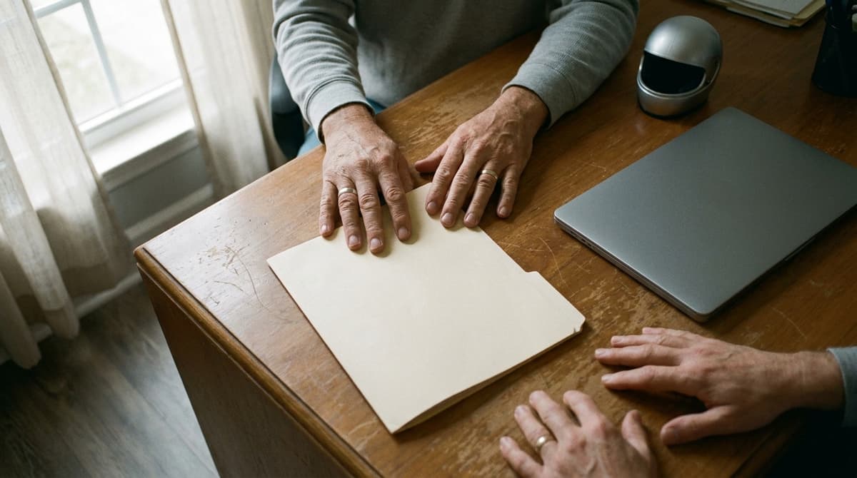 Two pairs of hands on either side of a plain closed folder on a wooden desk, with a closed grey laptop and a small helmet model