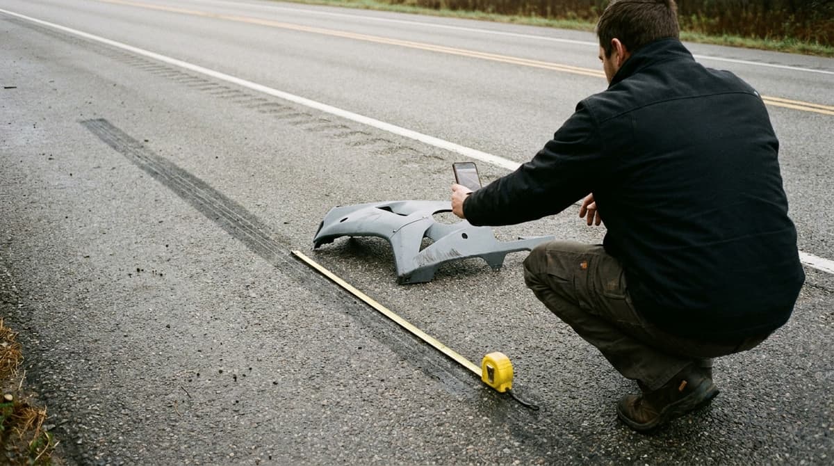 Person crouching on a road shoulder photographing a broken motorcycle fairing beside skid marks and a tape measure