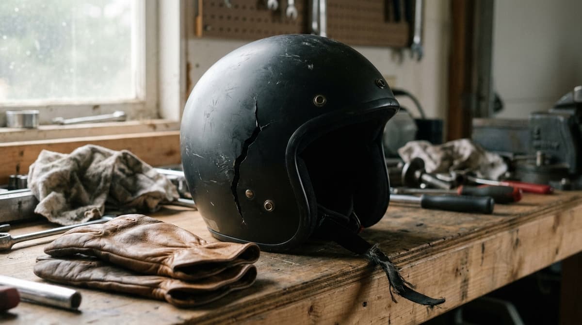 Cracked, scuffed black motorcycle helmet on a garage workbench beside worn leather gloves