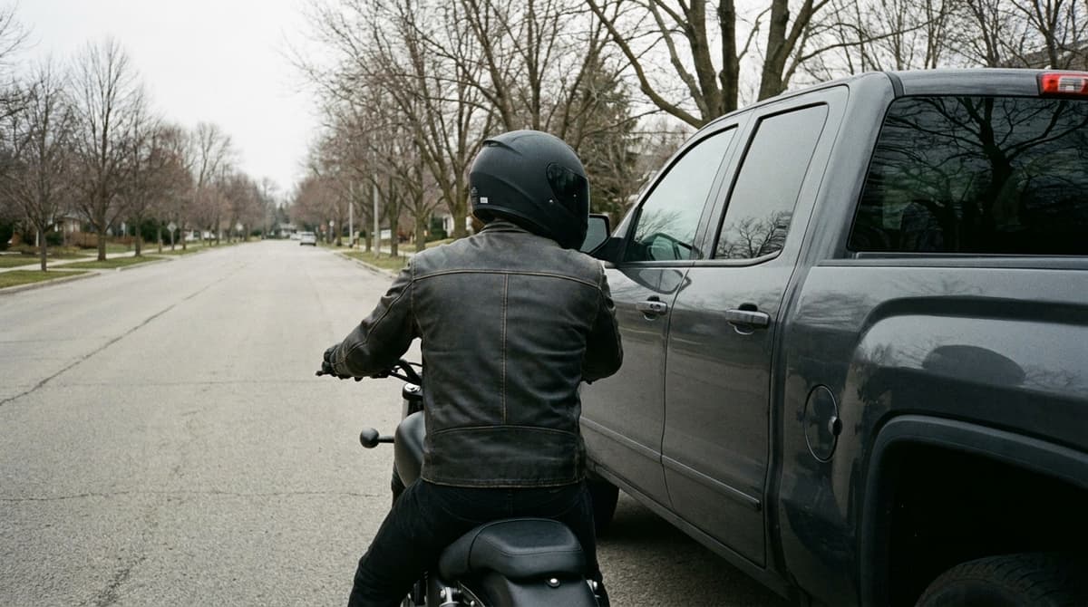 Rider in a leather jacket on a motorcycle stopped beside a tall dark pickup truck that dwarfs the bike