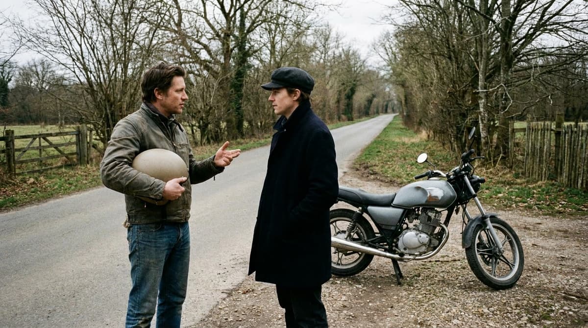 Two men talking on a quiet tree-lined country road, one holding a helmet, a motorcycle parked behind them