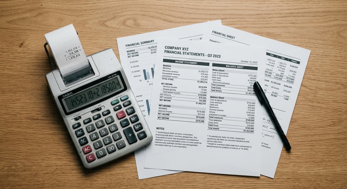 homicidio: calculadora junto a estados financieros impresos sobre un escritorio