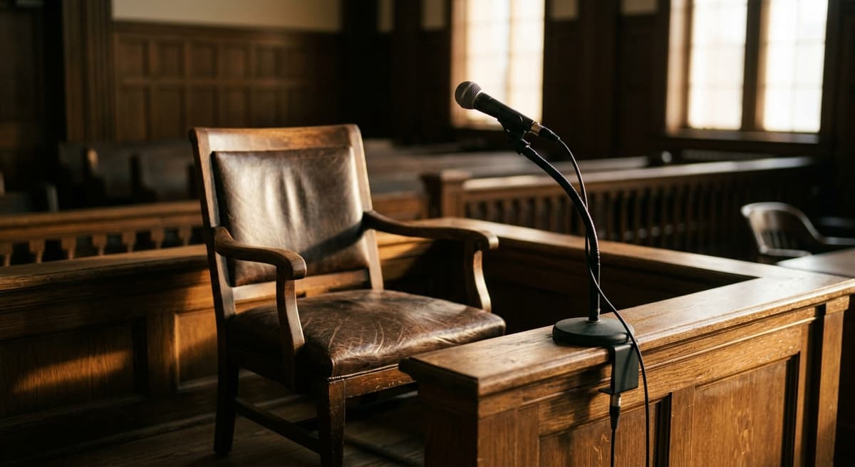 homicidio: silla de testigos en una sala de tribunal con un micrófono