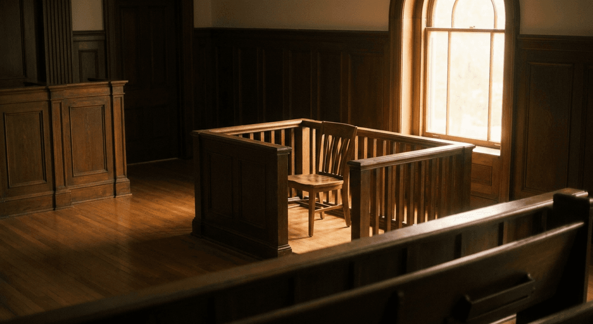 Un estrado de testigos vacío de madera con una sola silla en una sala de tribunal tranquila con luz cálida