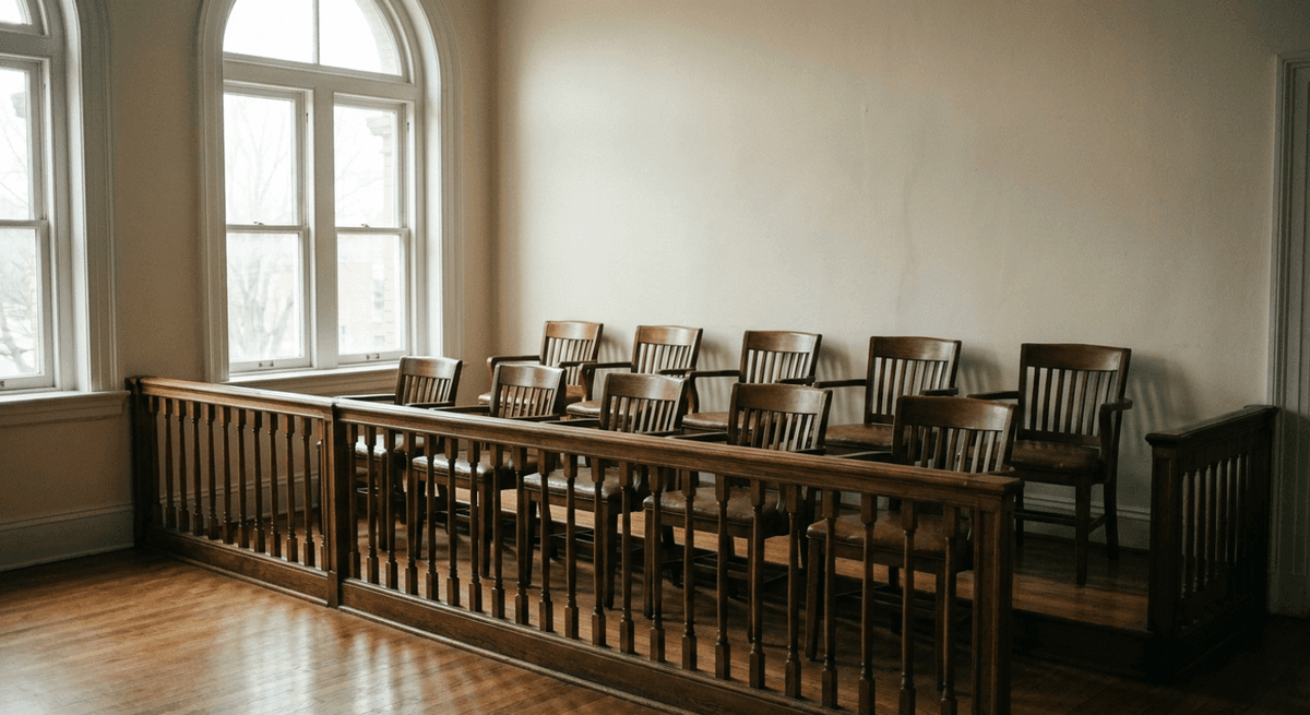 Un palco de jurado vacío con dos filas de sillas de madera detrás de una baranda con luz suave de ventana