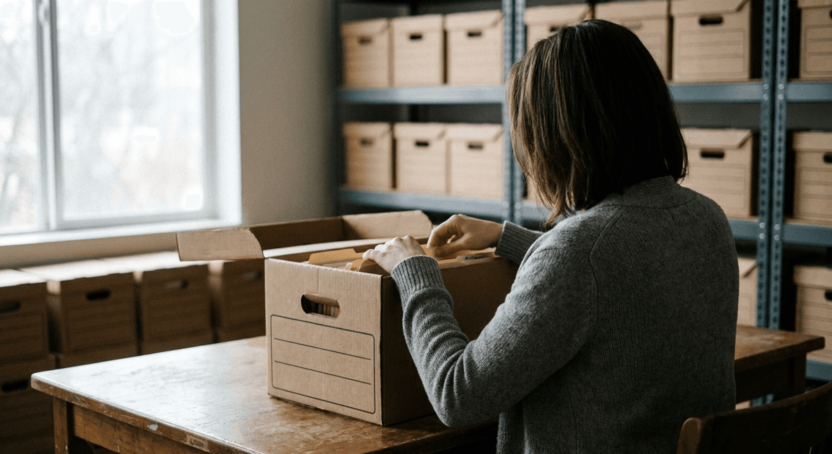 Una persona vista de espaldas revisa una caja de archivo con carpetas de casos