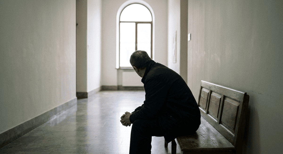 Una persona vista de espaldas sentada sola en una banca de madera en un pasillo de tribunal