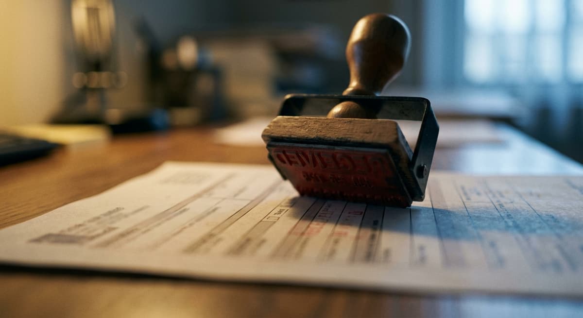 a date-received rubber stamp mid-press on an unreadable form, tight crop, shallow focus