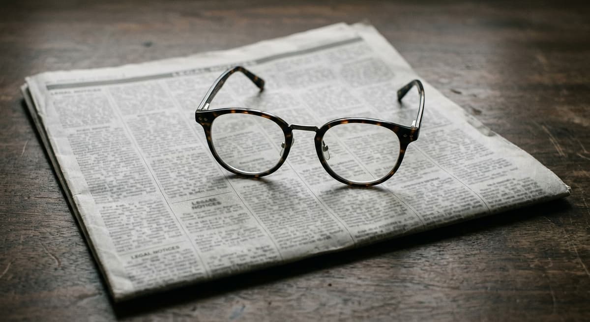 a folded newspaper legal-notices page with columns blurred beyond reading, a pair of reading glasses on top