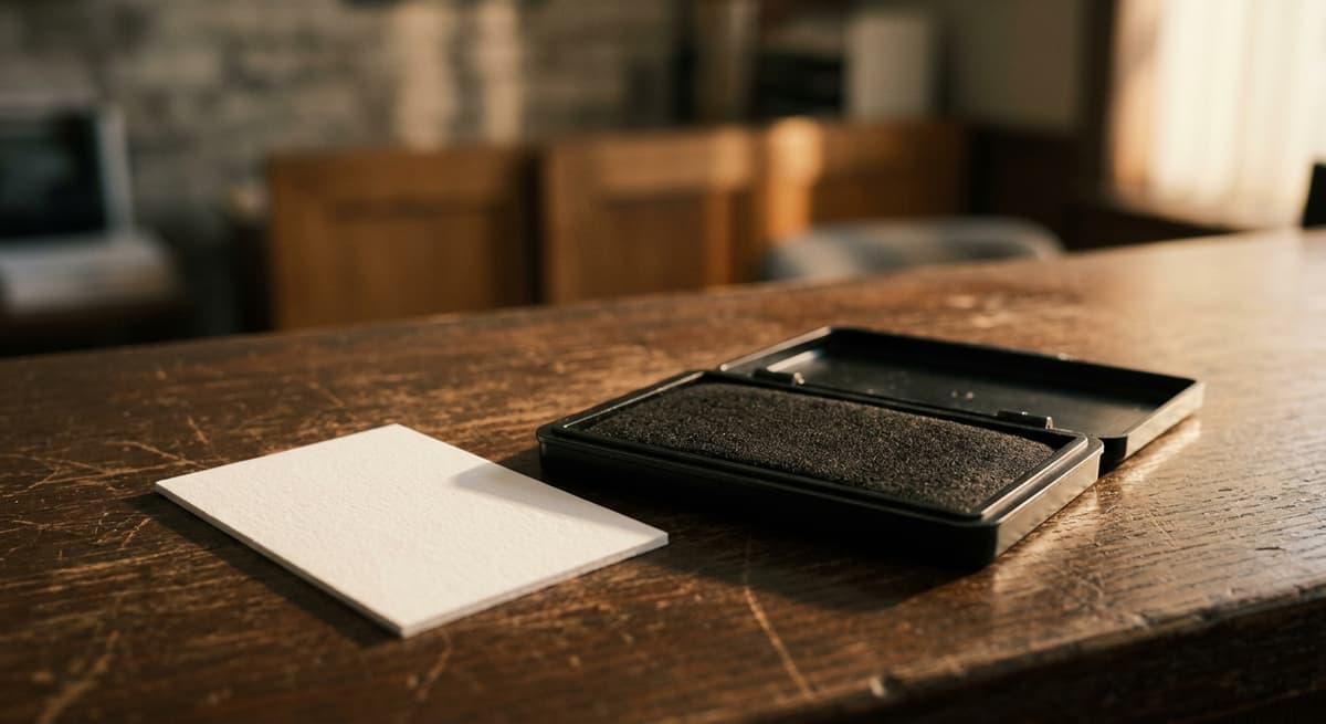 a fingerprint ink pad and a blank white card on a counter, tight crop, no hands