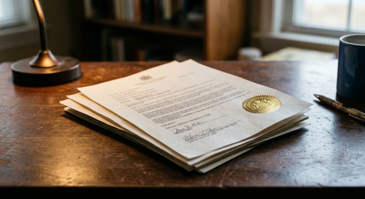 a small stack of certified copies with a gold foil seal catching the light, text blurred, neutral background